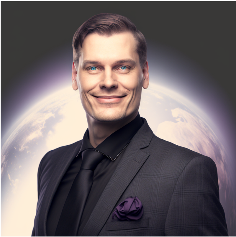 An image of an AI generated male consultant or sales identity standing in front of a globe. In the metaverse, a company could use this avatar rather than a human.