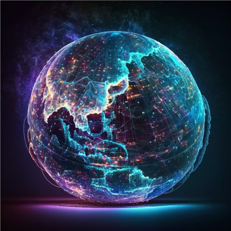 An image of a round glowing globe, generated by AI text, simulating the digital cloud.