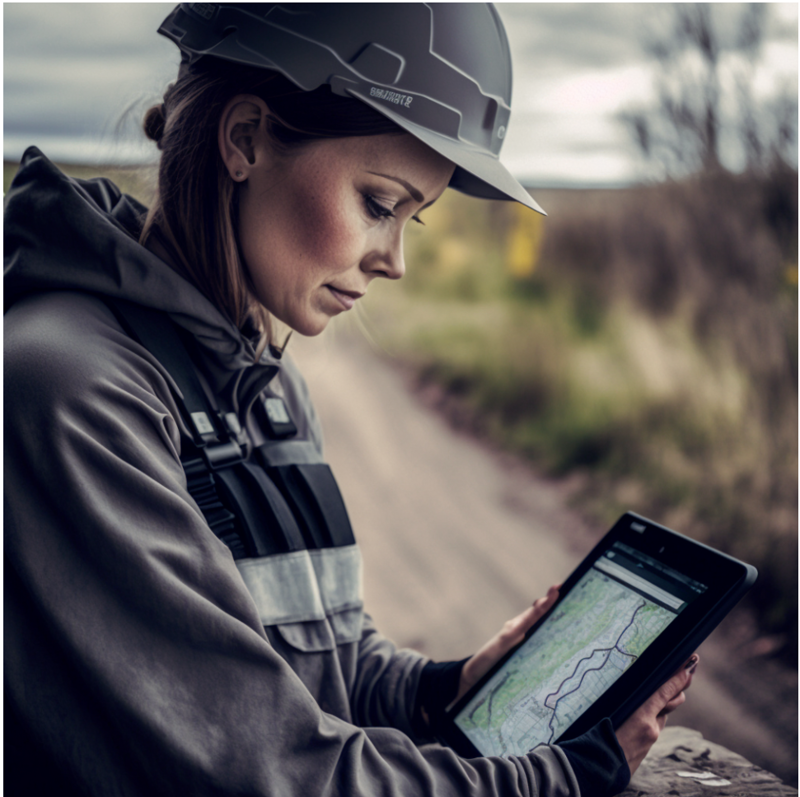 Screenshot of an AI generated technician in the field, staring at a device that may show a mapped route.