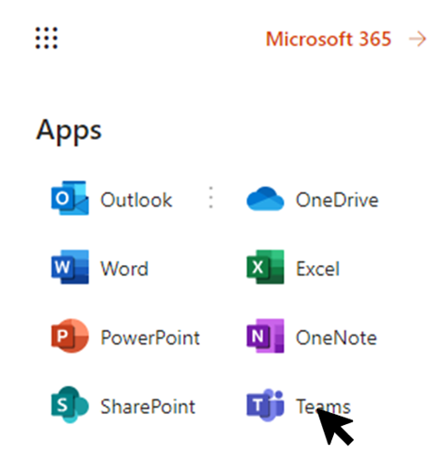 The app launcher includes all the applications within Microsoft 365. The arrow indicates navigation to the Teams app icon.