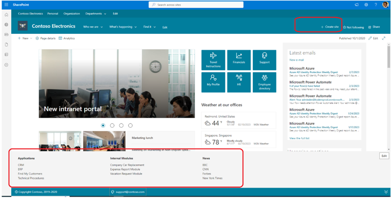 A screenshot of intranet home page with 2 application customizers being shown.