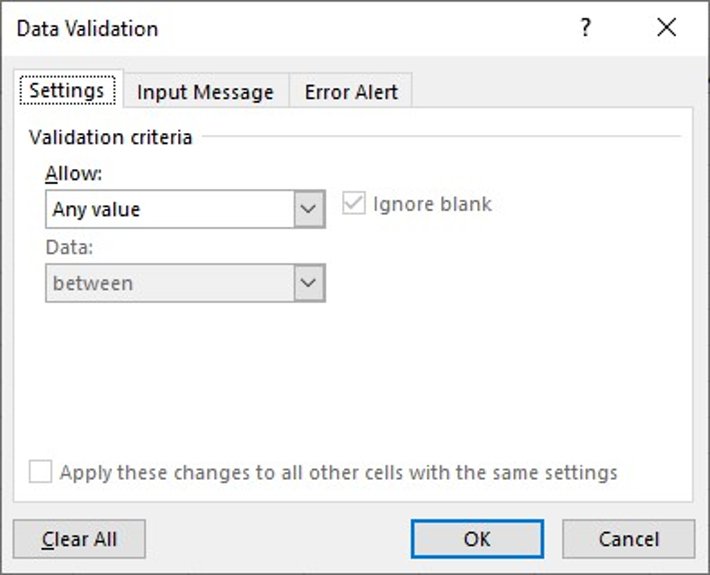 The Excel Data Validation menu's Settings tab.