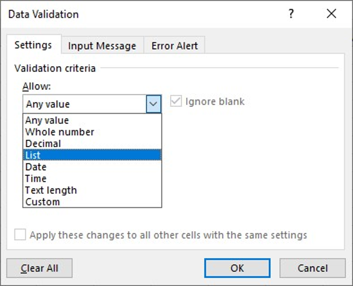 The Excel Data Validation menu's Settings tab, selecting a list to be used as the validation criteria.