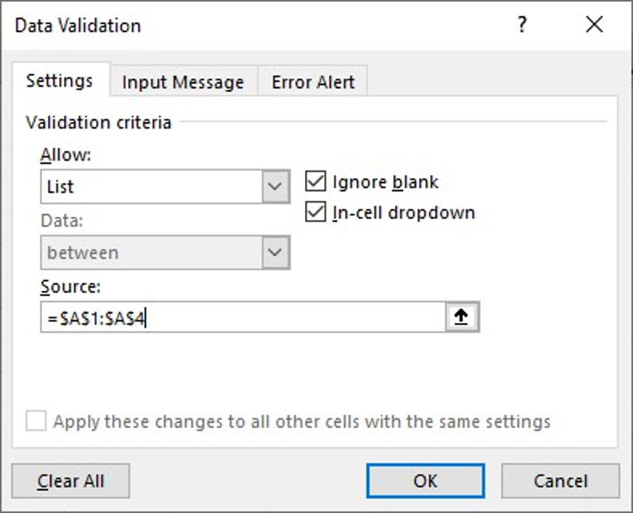 The Excel Data Validation menu's Settings tab, selecting the source cells to use for a list.