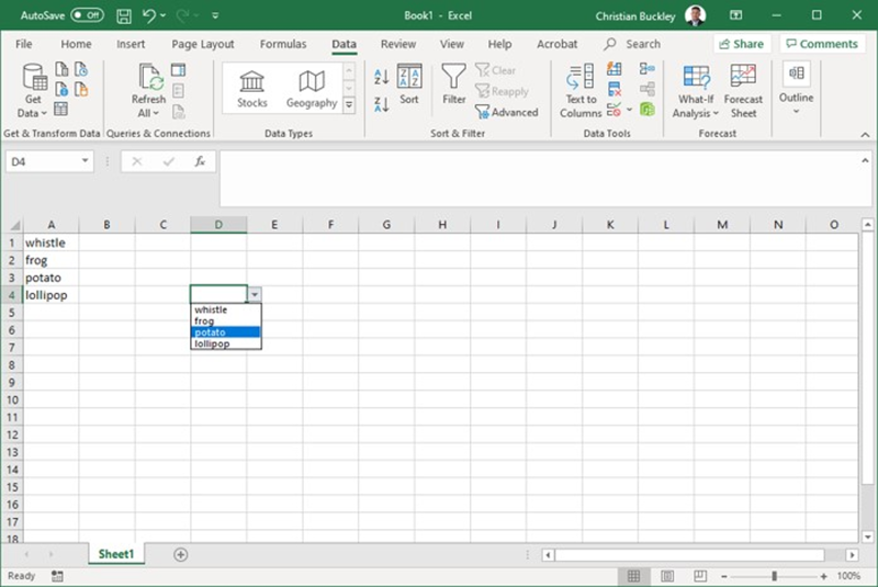 An Excel spreadsheet with a drop-down list created using the Data Validation tool.