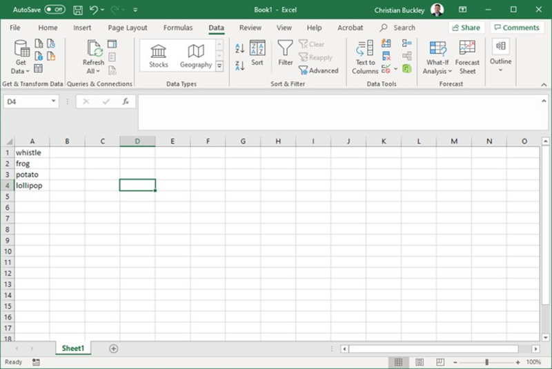 An Excel spreadsheet with a list of words entered that will be used for a drop-down list.