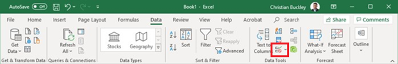 The Excel ribbon Data tab, with the Data Validation button highlighted.