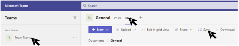 Screenshot showing a team channel selected in Microsoft Teams. Arrows show the files section. The next arrow shows where to click to Sync files with File Explorer.