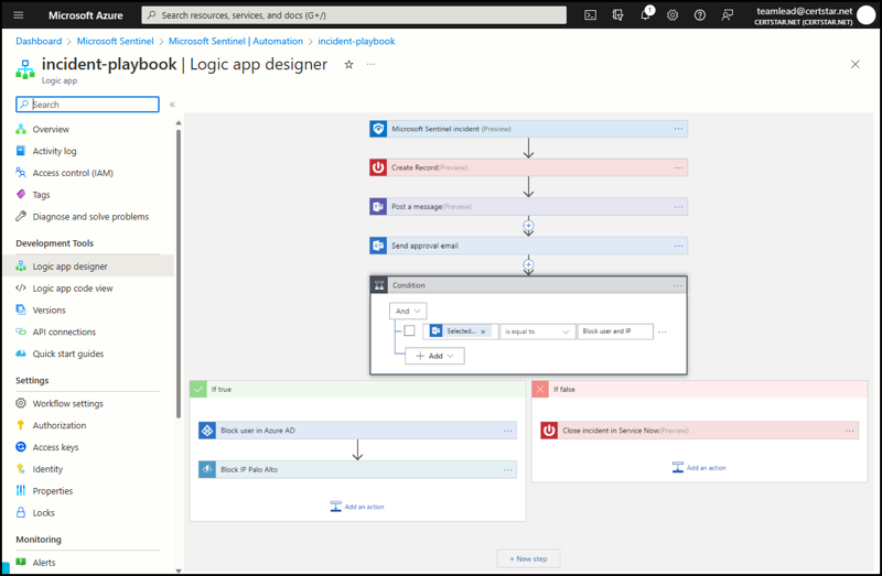 A screenshot showing the Logic app designer blade in the Azure portal. A graphical workflow called 