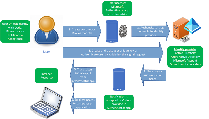 A diagram of how mobile device management and mobile application management can be involved in using biometrics to confirm someone’s identity to create trust and generate a trusted authentication token to access a computer or intranet resource.