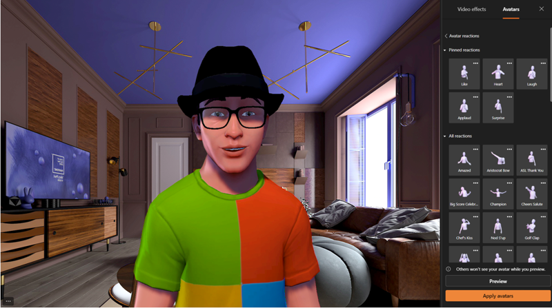 Screenshot shows a Microsoft Mesh-generated avatar wearing a shirt that looks similar to the Windows flag colors, standing in a room. On the right is a panel of reactions the avatar can display.