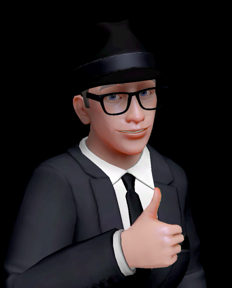 Screenshot of male Microsoft Mesh avatar wearing a suit on a black background giving a thumb’s up. Simulates an executive in a situation room agreeing to something.