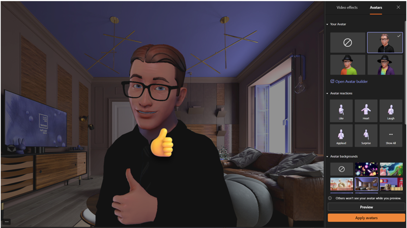 Screenshot shows a Microsoft Mesh-generated male avatar wearing a dark shirt in a room with a thumb up as a reaction to a Microsoft Teams user clicking the thumb’s up icon.