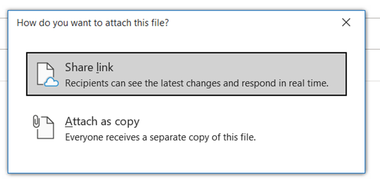 Screenshot of a Microsoft 365 prompt to choose to share a link to a file (the default choice) or attach a copy of the file.