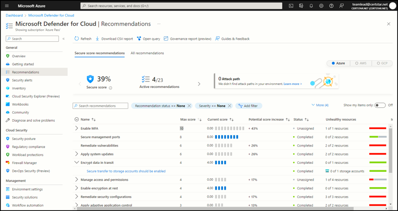 Screenshot of Microsoft Defender for Cloud Recommendations blade in the Azure portal. Various Azure infrastructure security recommendations are listed.