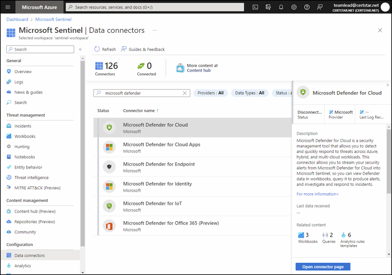 A screenshot showing Microsoft Sentinel Data Connectors blade in the Azure portal. Microsoft-provided data connectors are shown.