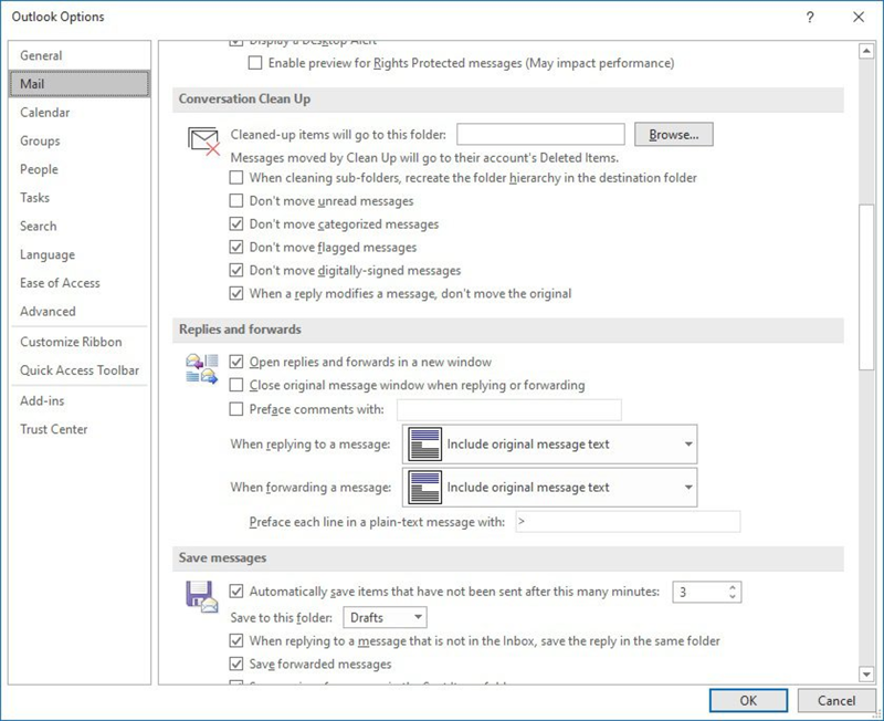 Adjust the Outlook cleanup options.
