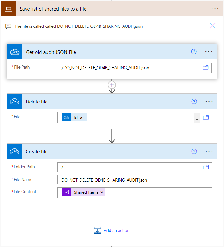 OneDrive for Business actions to save the audit results into a JSON file.