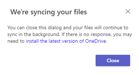 This dialog boxes informs you that you’re already signed into OneDrive and the sync is happening.