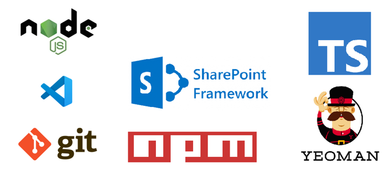 A screenshot of product logos used commonly in SharePoint Framework development, including Node.js, NPM, Yeoman, TypeScript, Visual Studio Code, SharePoint Framework and Git.