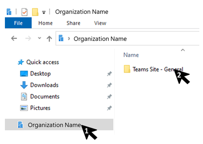 Once the sync has completed then you will find a folder (arrow 1) with your organization name. Arrow 2 is pointing at the first part of the folder name, which will be the Teams channel name.