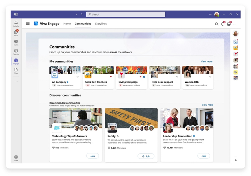 Screenshot of Viva Engage in Microsoft Teams showing different Communities to choose from.