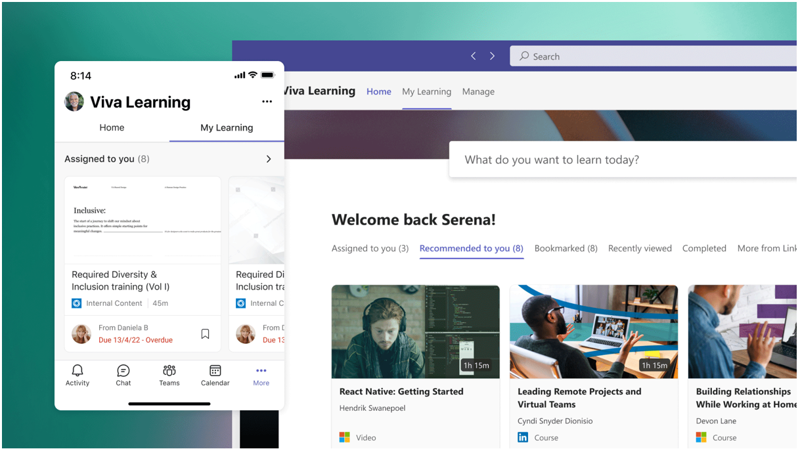 Screenshots of Viva Learning on mobile and in Microsoft Teams desktop showing a personalized catalogue of learning content for the user.