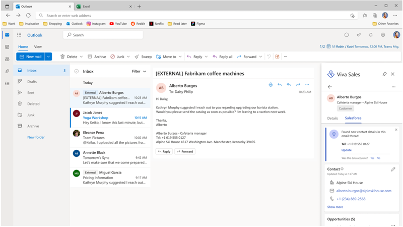 Screenshot of Outlook Web App with the Viva Sales sidebar opened on the right-hand side providing additional information to the sender and organization.