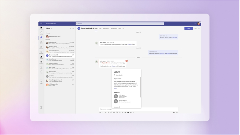 Screenshot of Viva Topics integration Microsoft Teams showing a pop-up Topic card for an identified topic within the chat.