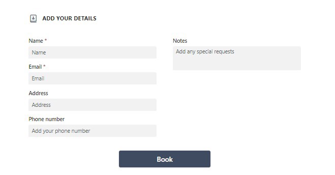 Alt: The Add Your Details window in Bookings, where the user provides contact and meeting information so that the resources can reach them and see what will be discussed in the meeting.