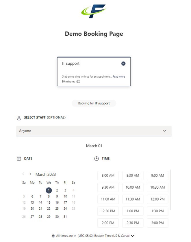 Alt: The meeting scheduling window in Bookings, displaying appointment types, days and times available for the resource that has been chosen.
