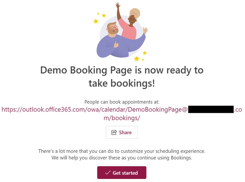 Alt: The booking page setup complete notification and the booking page link that users will use to book appointments.