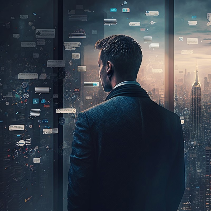 AI-generated illustration of a person in a suit gazing out of glass windows overlooking a city. Translucent text balloons and small diagrams overlay the windows.