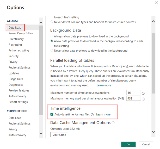 From the Data Load tab you can set the Auto date time setting in Power BI Desktop; it is enabled by default.