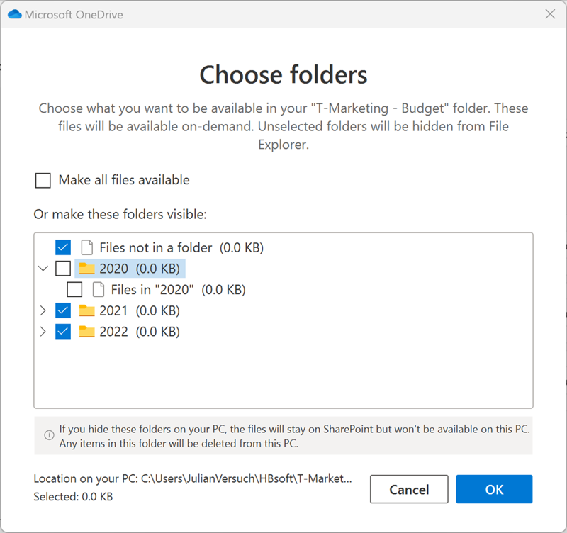 Screenshot of a library with Marketing (inside a OneDrive installation) with the years 2020 to 2023, where the folder 2020 is deselected. The 2020 folder and its contents will be available on SharePoint but won’t be synced to this computer.