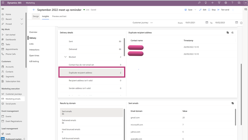 Email insights form displaying duplicate recipient address email details in Dynamics 365 Marketing