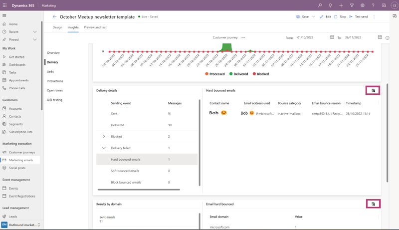 Email insights form displaying the export function in Dynamics 365 Marketing