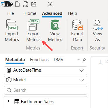 The arrow points to the Export Metrics icon in DAX Studio.