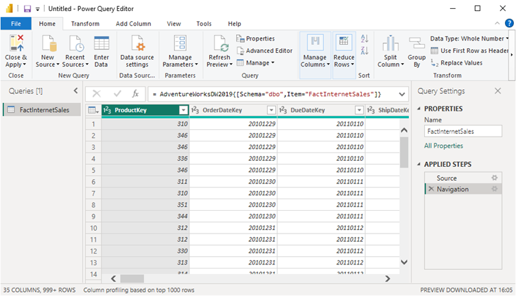 The Power Query Editor importing the fact internet sales table.