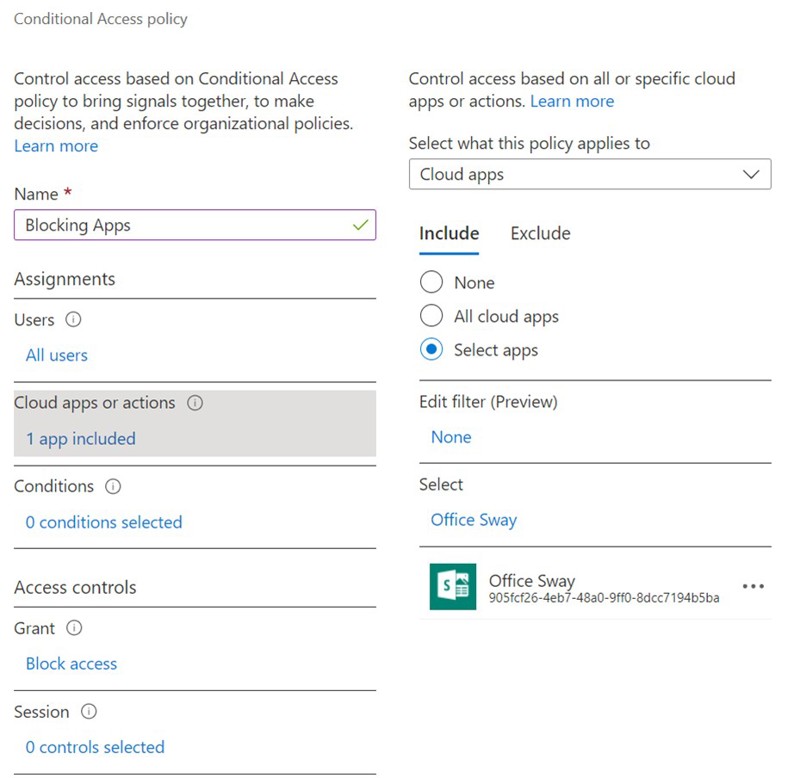 Screenshot of Microsoft 365's Conditional Access policy menu, demonstrating the ability to restrict app access within an organization.