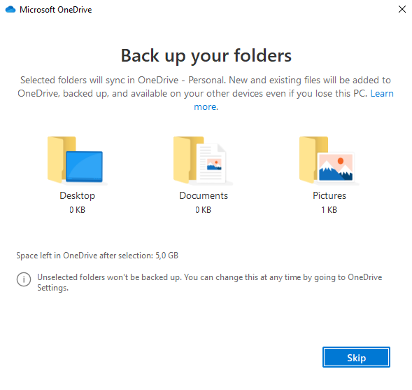 Screenshot of Windows 11 Home Edition (an older edition). The image shows that the three system folders have been deselected so OneDrive will not back them up. 