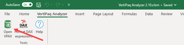 A screenshot in Vertipaq Analyzer pointing to the icon to open a vpax file.