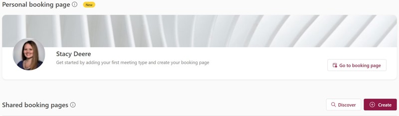 Alt: The personal booking page, which will display when selecting the Bookings app from the Microsoft 365 app launcher.