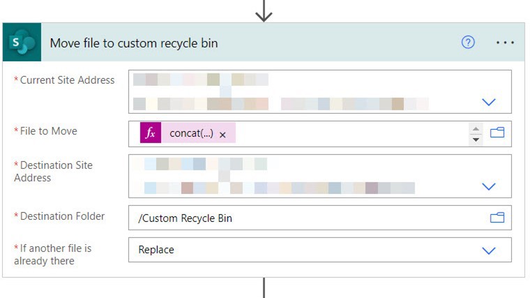  Screenshot of Move File action. The source points to the site where the file lives and the File to Move is determined by concatenating the DirName and LeafName. The destination of the file is the custom recycle bin.