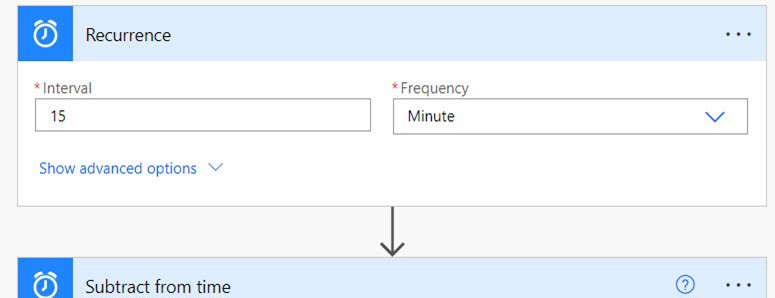 Screenshot of a Power Automate Recurrence trigger set to 15-minute interval.