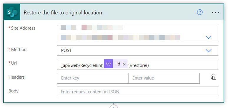Screenshot of Send an HTTP action used with the _api/web/RecycleBin(‘id’)/restore() SharePoint REST API endpoint to restore the file to its original location