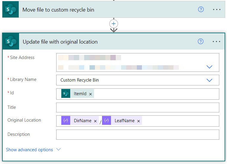 Screenshot of Update file properties action.