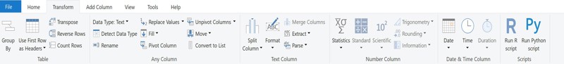 A screenshot of the Transform ribbon in Power BI Desktop.
