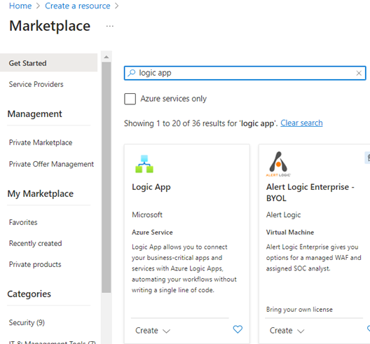 Screenshot of a search in the Azure Marketplace, and picking the Azure Service to create a logic app.