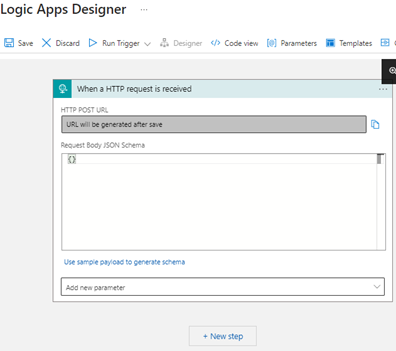 Screenshot of the logic apps designer canvas with the HTTP trigger added to it.